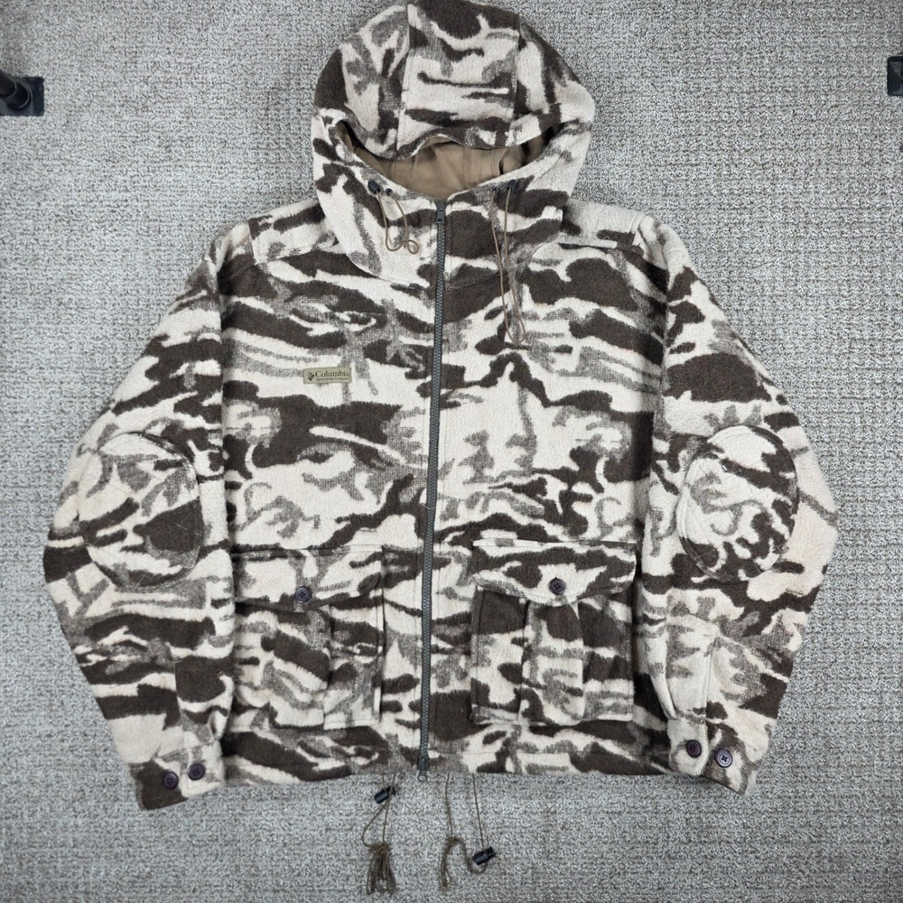 Columbia Mens XL Monarch Pass Recycled Wool Blend Camo Zip Hooded Jacket Brown